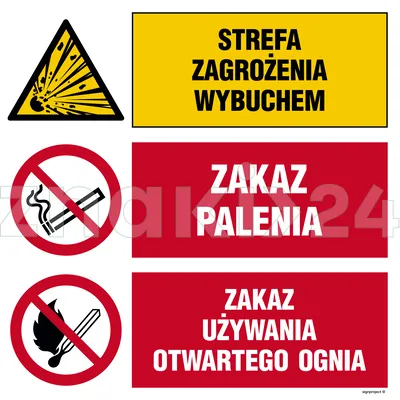 Strefa zagrożenia wybuchem, Zakaz palenia, Zakaz używania otwartego ognia - Tablica budowlana informacyjna - OI025