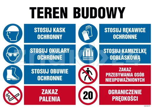 Teren budowy, Stosuj kask ochronny, Stosuj rękawice ochronne, Stosuj okulary ochronne, Stosuj kamize - Tablica budowlana informacyjna - OI018