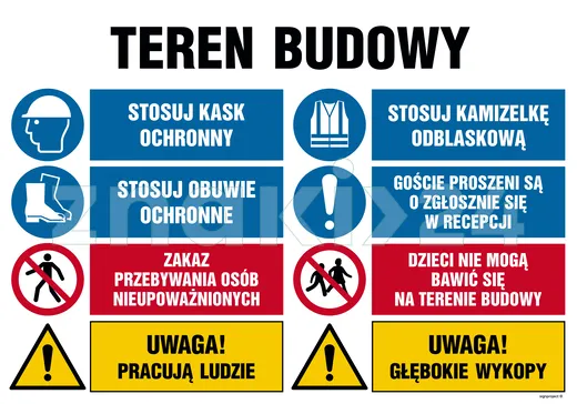 Teren budowy, Uwaga! Praca ciężonny, Stosuj kamizelkę odblaskową, Stosuj obuwie ochronne, Goście pro - Tablica budowlana informacyjna - OI020