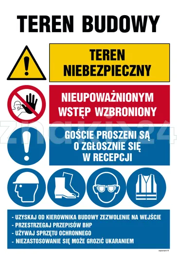 Teren budowy, Teren niebezpieczny, Nieupoważnionym wstęb wzbroniony, Goście proszeni są o zgłoszenie - Tablica budowlana informacyjna - OI009