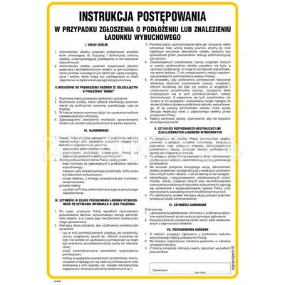 Instrukcja postępowania w przypadku zgłoszenia o podłożeniu lub znalezieniu ładunku wybuchowego - Instrukcja BHP - IAA30