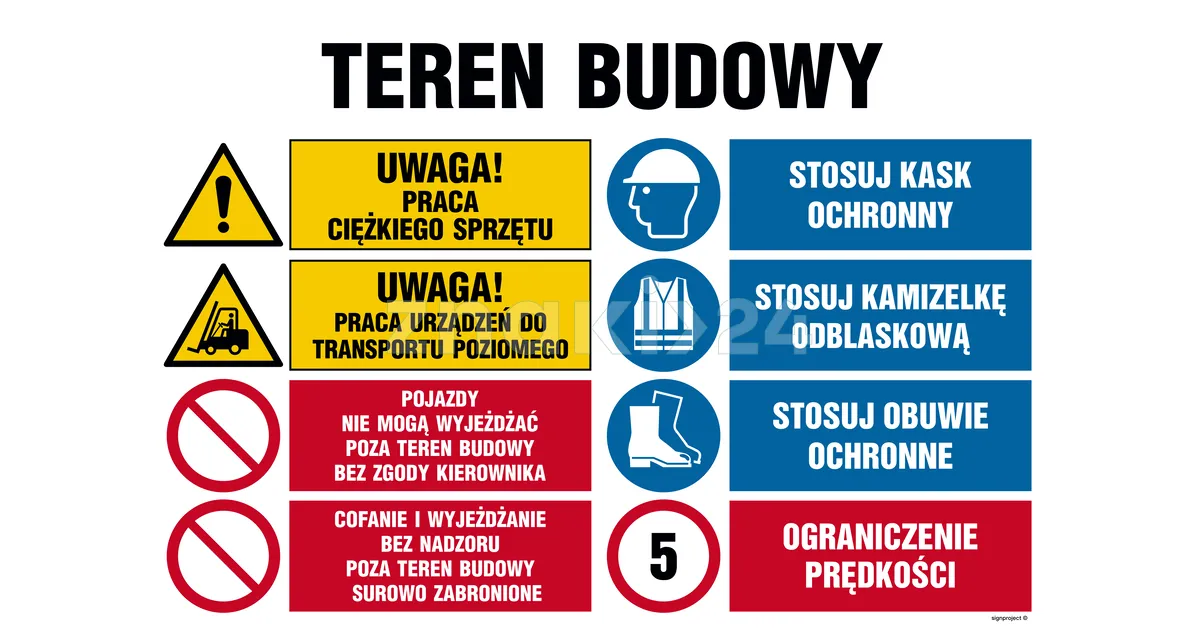 Tablica Praca Piotrków Tryb Okolice Teren budowy, Uwaga! Praca ciężkiego sprzętu - Tablica budowlana