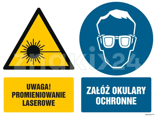 Uwaga promieniowanie laserowe Załóż okulary ochronne - Znak BHP - GM024