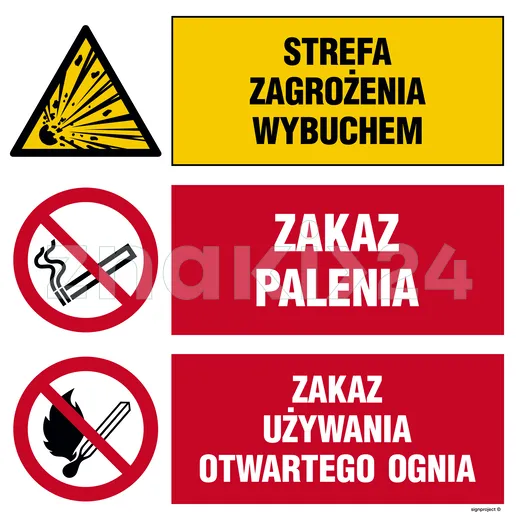 Strefa zagrożenia wybuchem, Zakaz palenia, Zakaz używania otwartego ognia - Tablica budowlana informacyjna - OI025