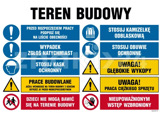 Teren budowy, Przed rozpoczęciem pracy podpisz się na liście obecności, Stosuj kamizelkę odblaskową - Tablica budowlana informacyjna - OI017