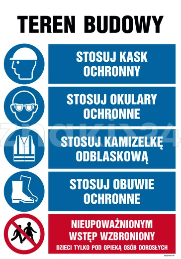 Teren budowy, Stosuj kask ochronny, Stosuj okulary ochronne, Srosuj kamizelkę odblaskową, Stosuj obu - Tablica budowlana informacyjna - OI001