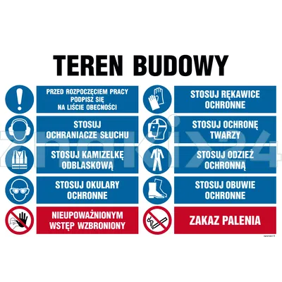 Teren budowy, Przed rozpoczęciem pracy podpisz się na liście obecności, Stosuj rękawice ochronne, St - Tablica budowlana informacyjna - OI016