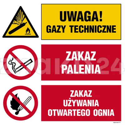 Uwaga! gazy techniczne, Zakaz palenia, Zakaz używania otwartego ognia - Tablica budowlana informacyjna - OI028