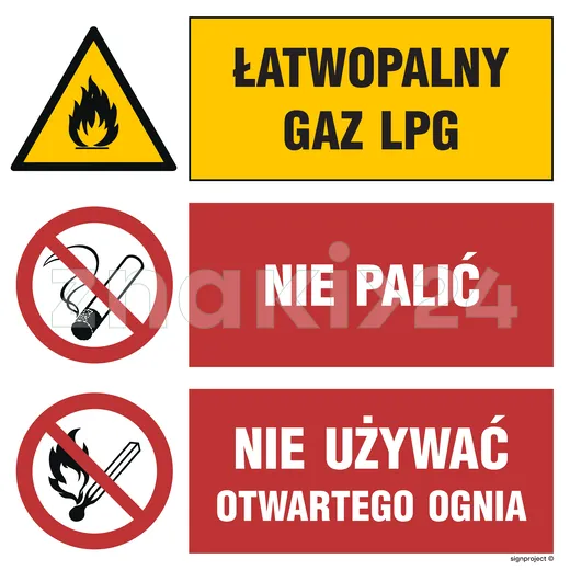 Łatwopalny gaz LPG Nie palić Nie używać otwartego ognia - Znak BHP - GO002