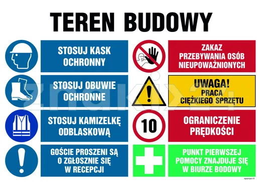 Teren budowy, Stosuj kask ochronny, Zakaz przebywania osób nieupoważnionych, Stosuj obuwie ochronne, - Tablica budowlana informacyjna - OI023