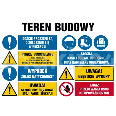 Teren budowy, Goście proszeni są o zgłoszenie się w reccepcji, Prace budowlane, jeżeli wchodzisz na - Tablica budowlana informacyjna - OI024