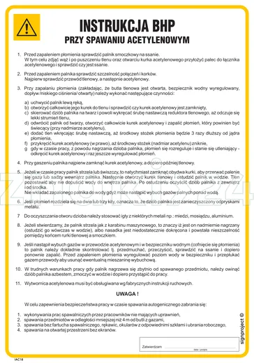 Instrukcja BHP przy spawaniu acetylenowym - Instrukcja BHP - IAC18