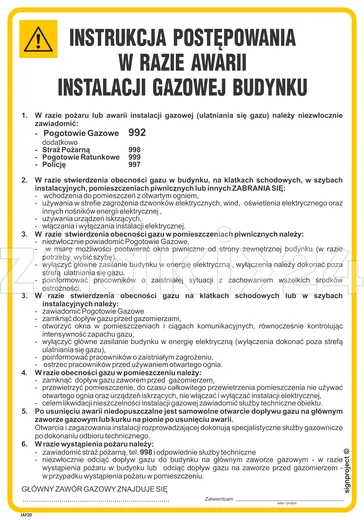 Instrukcja BHP postępowania w razie awarii instalacji gazowej budynku - Instrukcja BHP - IAF20