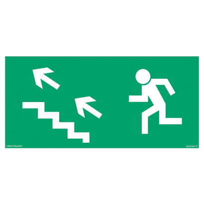 Znak - Kierunek do wyjścia drogi ewakuacyjnej schodami w górę w lewo AA006