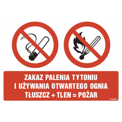 Znak - Zakaz palenia tytoniu i używania otwartego ognia tłuszcz + tlen = pożar GM500
