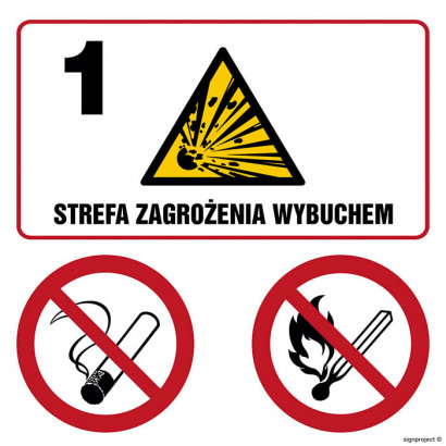 Znak - Strefa zagrożenia wybuchem 1. Zakaz palenia. Zakaz używania otwartego ognia NB036